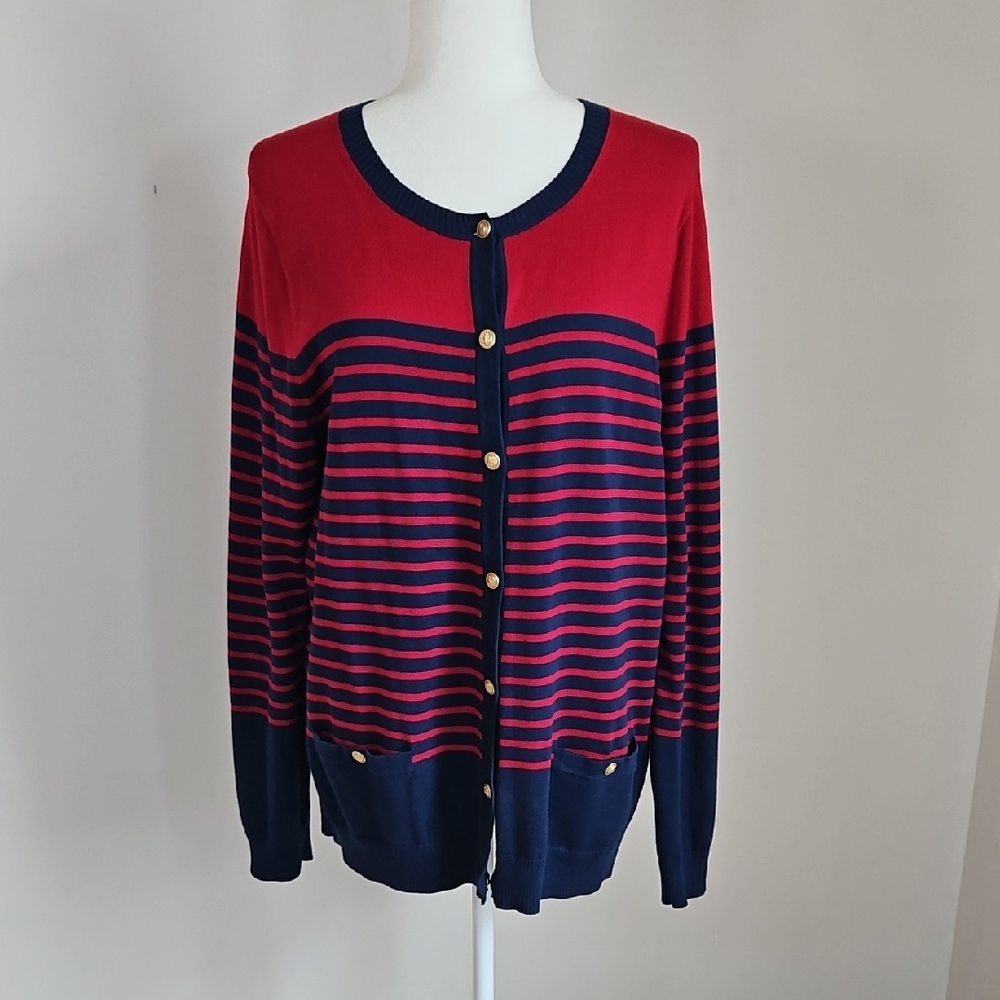 Lands End 100% Supima Cotton Cardigan Striped Navy Red Nautical Coastal Preppy L